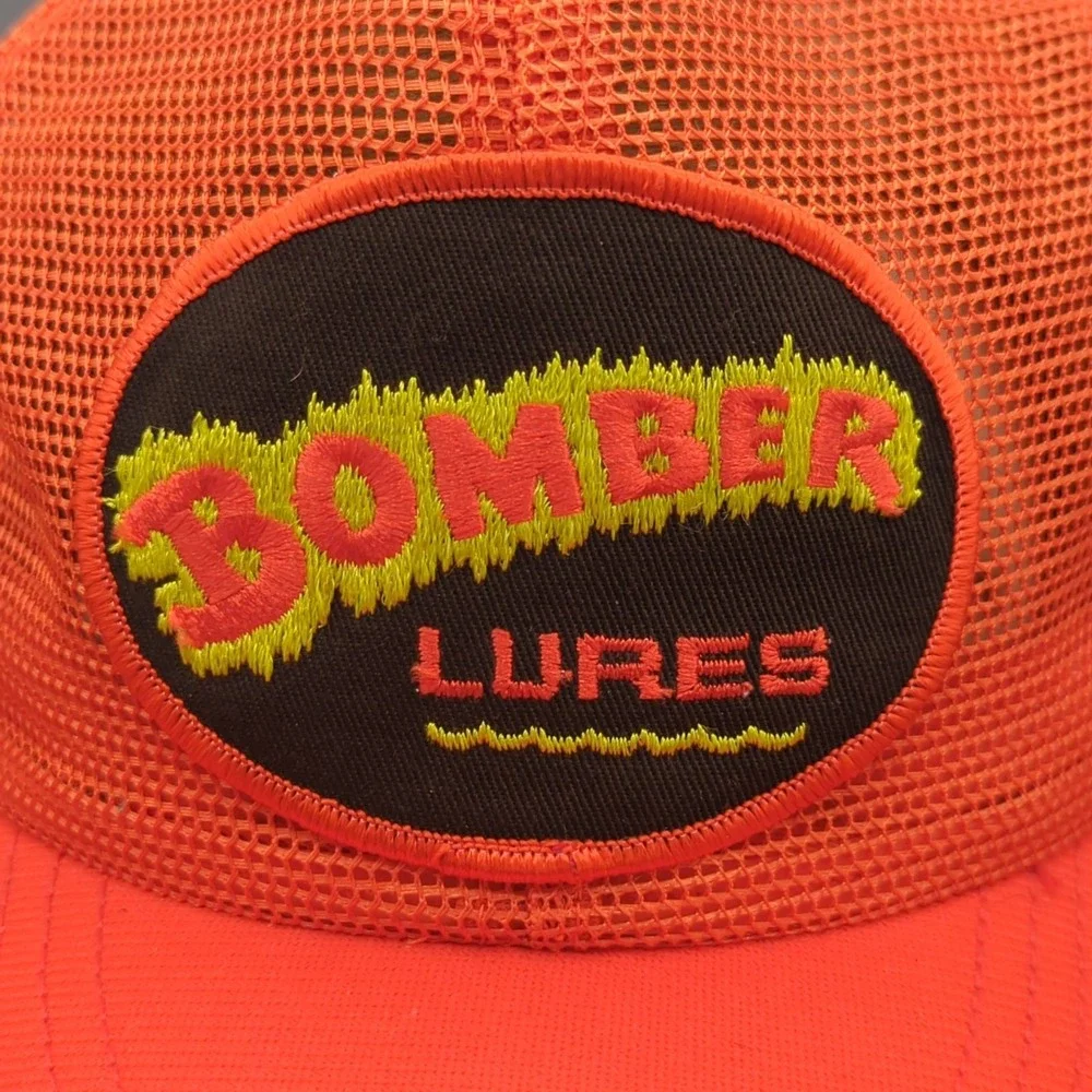 NOS Rare Vintage BOMBER LURES Fishing Hat Cap Orange Full Mesh Large DeLong USA